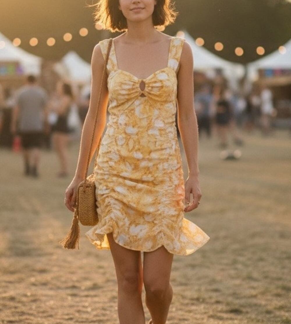 Louna Yellow Floral Ruched Mini Slip Dress XS Cotton Vacation Designer $200
